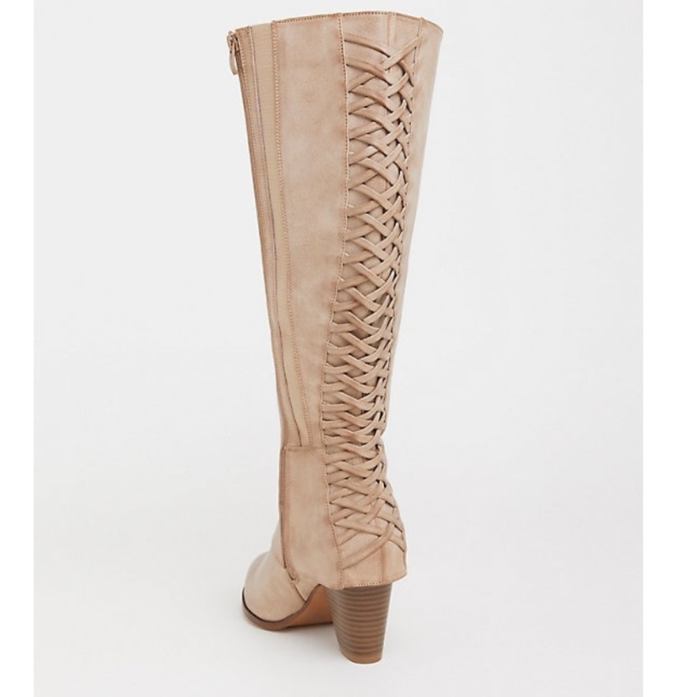 TORRID faux leather tan lattice knee high boots - Picture 2 of 7